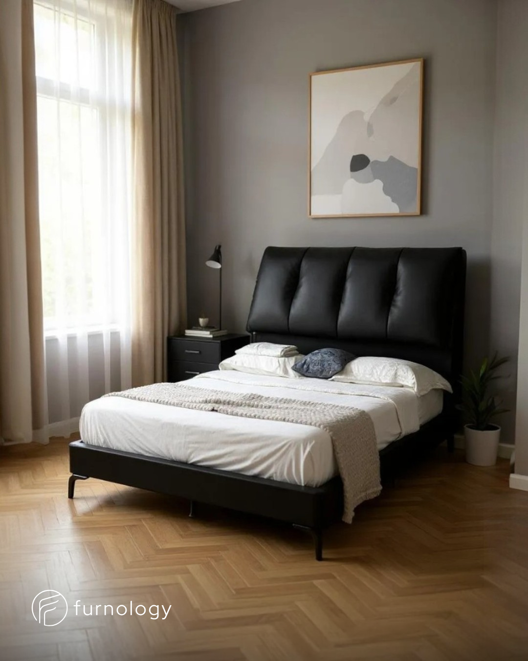 Reverie Queen Size Bed Black with 1 Side Table