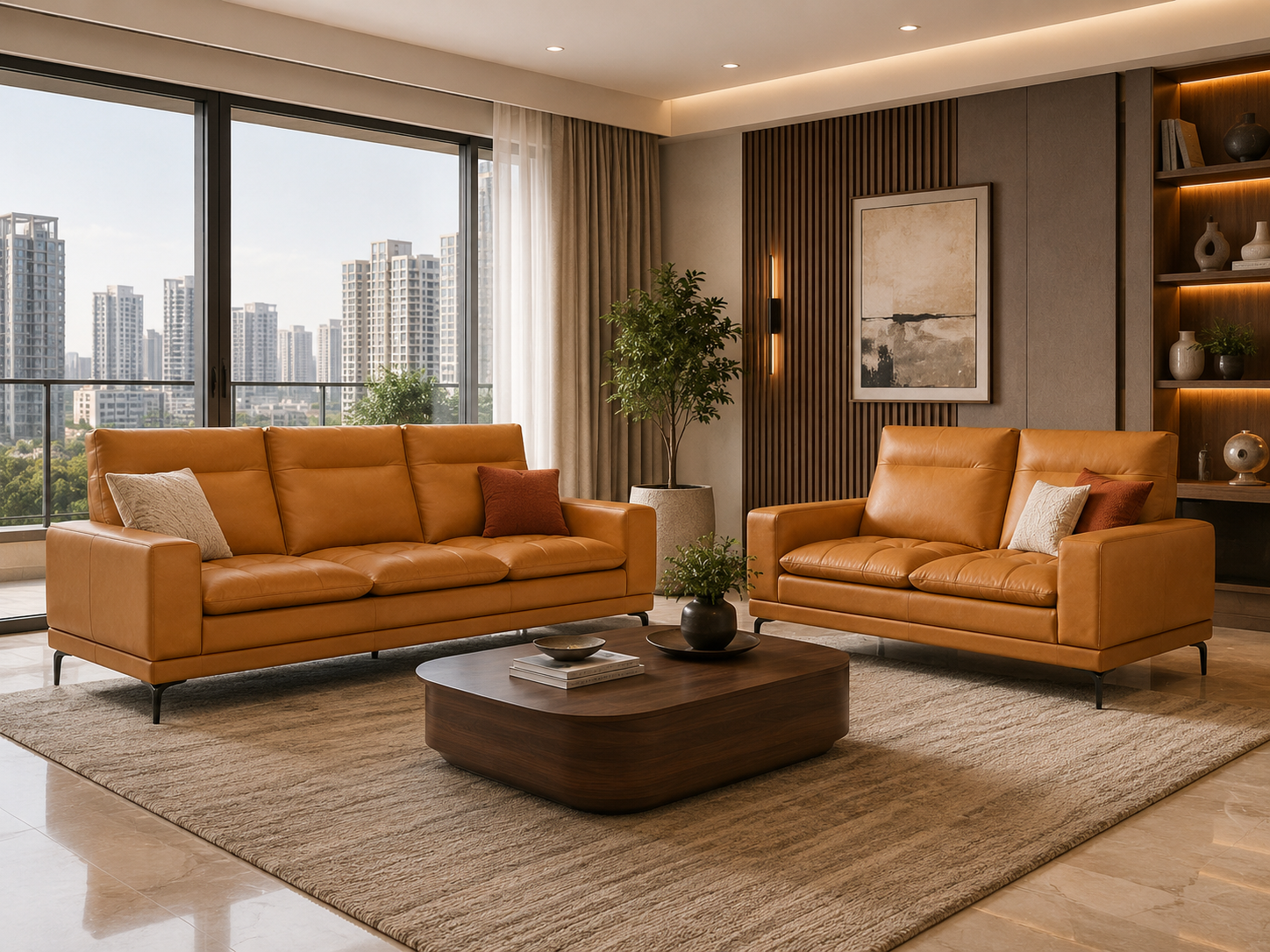 Meridian caramel leather sofa set in a daylit living room