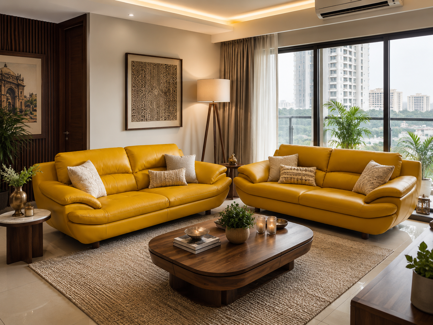Solstice mustard yellow leather sofa set in a daylit living room