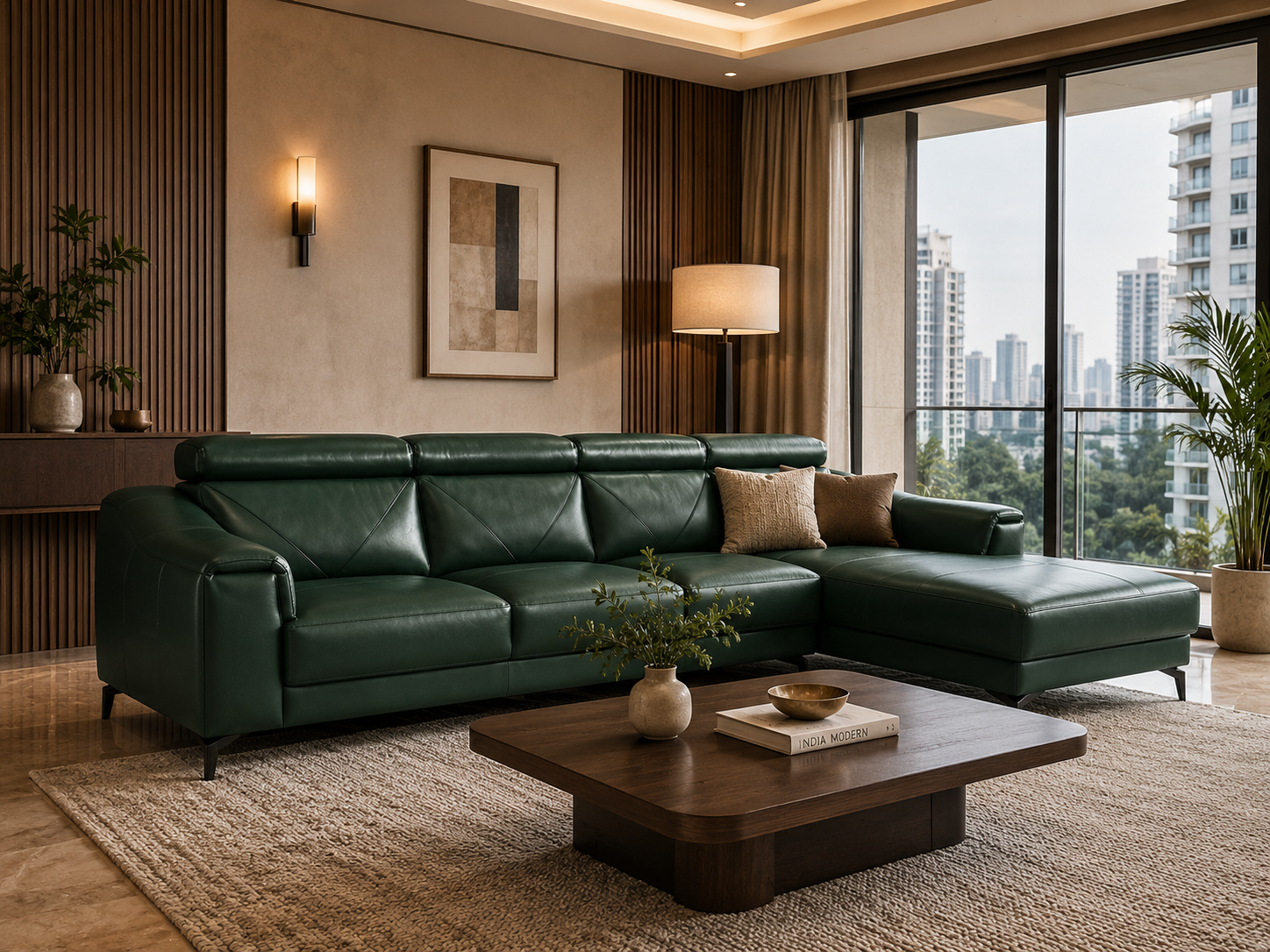 Verdant leather sectional in a daylit living room