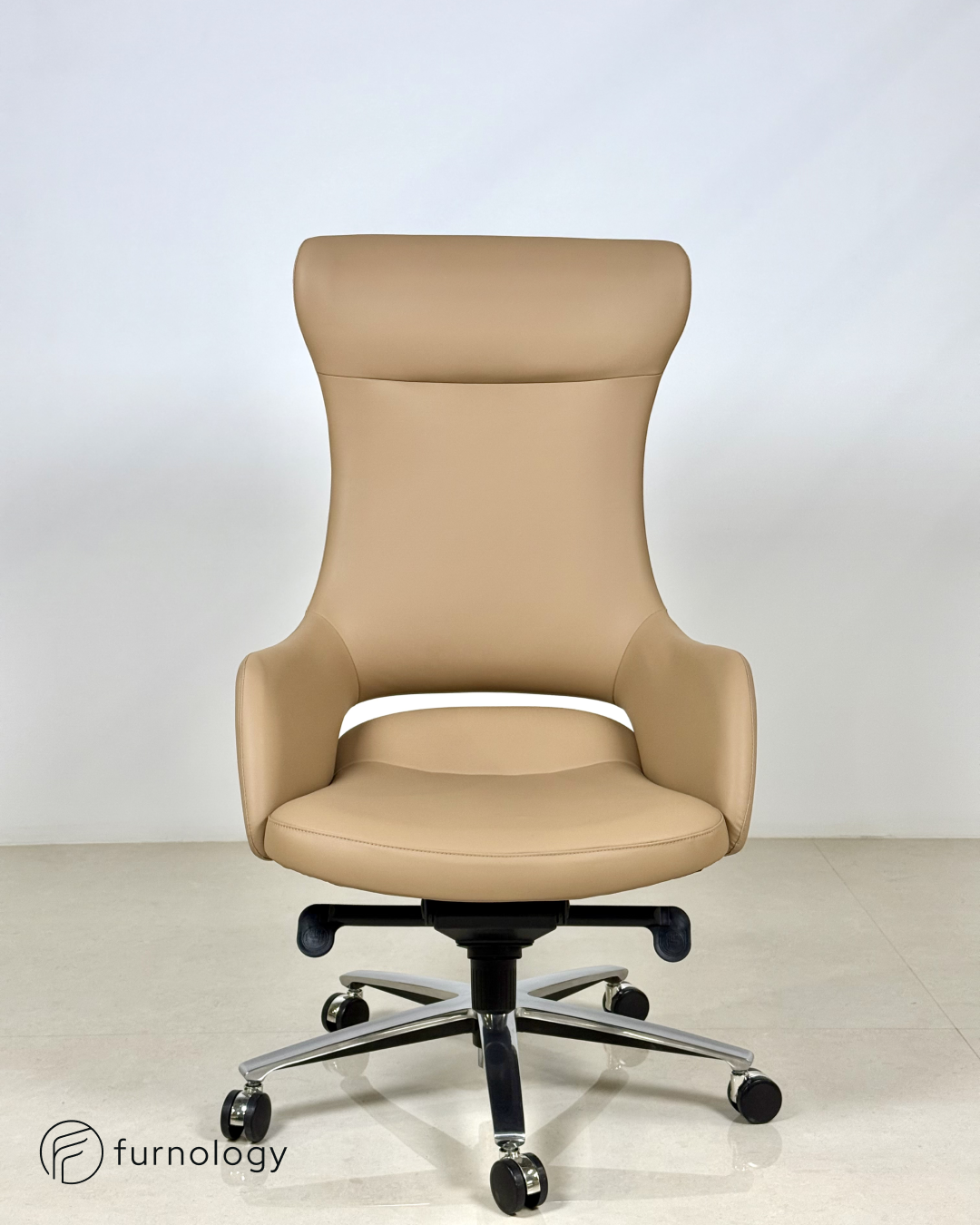 Furnology luxury leatherette boss chair in beige with high back and chrome base for office use