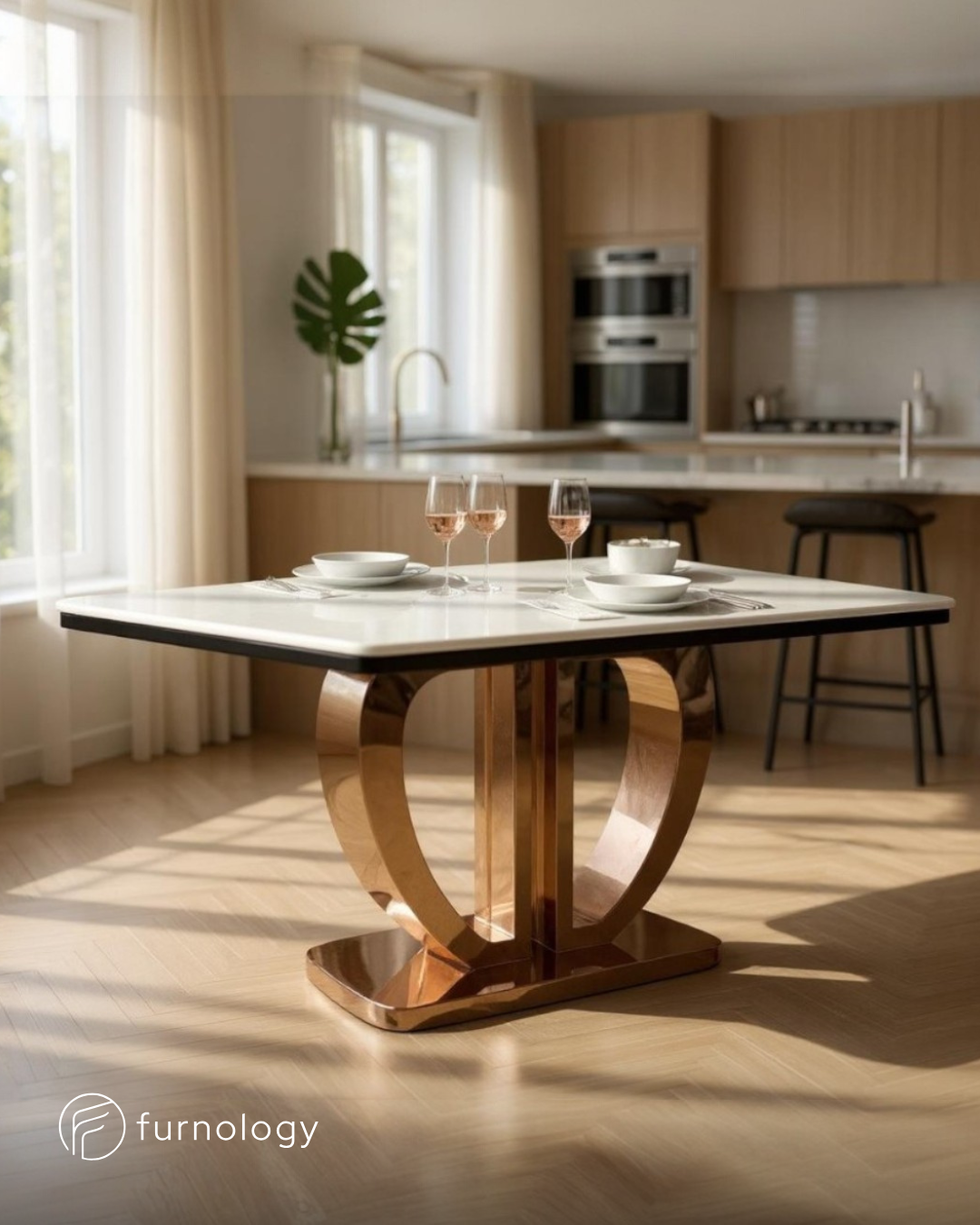 Elegant modern dining tables with marble top and curved metallic base in a stylish kitchen setting