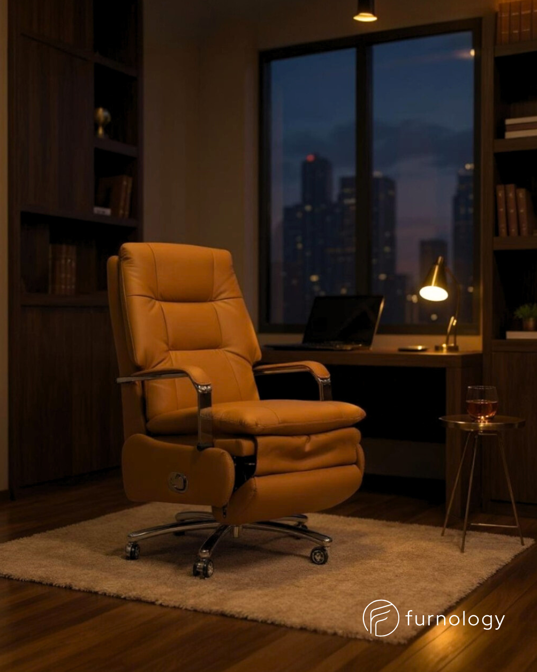 Comfortable executive office chair in leatherette placed in a modern office with city skyline view