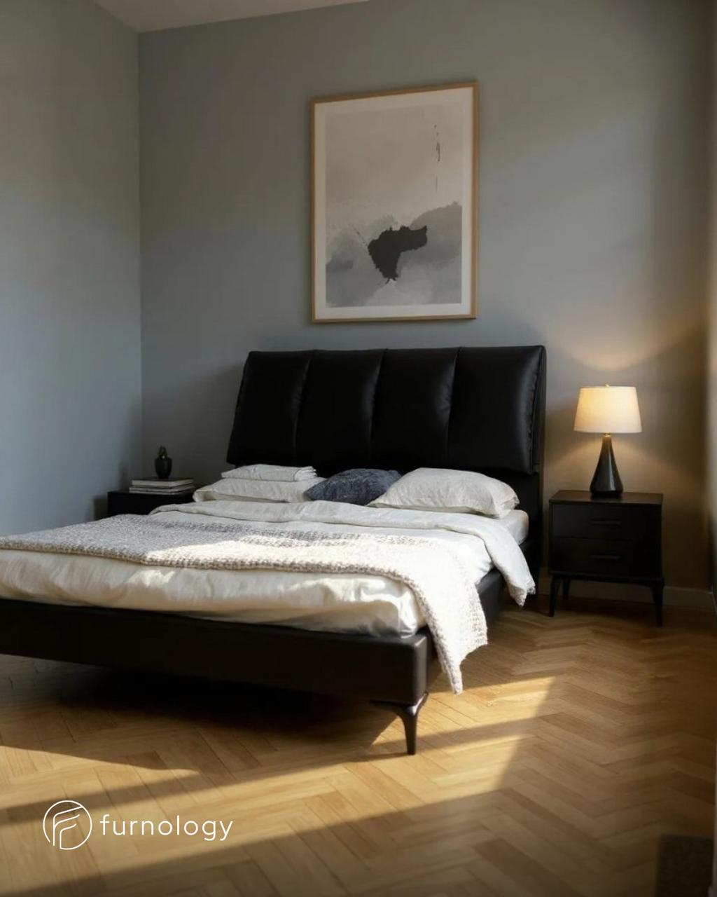 Reverie Queen Size Bed Black with 1 Side Table