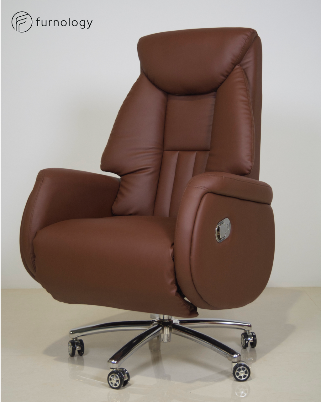 Furnology brown ergonomic recliner chair for office with padded armrests and adjustable tilt on wheels