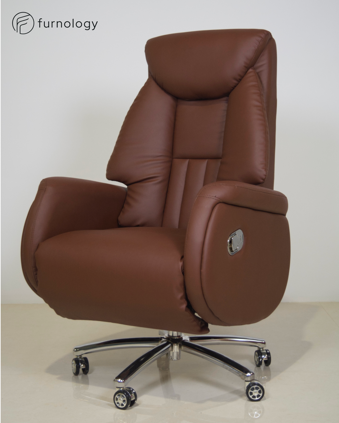 Furnology brown ergonomic recliner chair for office with padded armrests and adjustable tilt on wheels