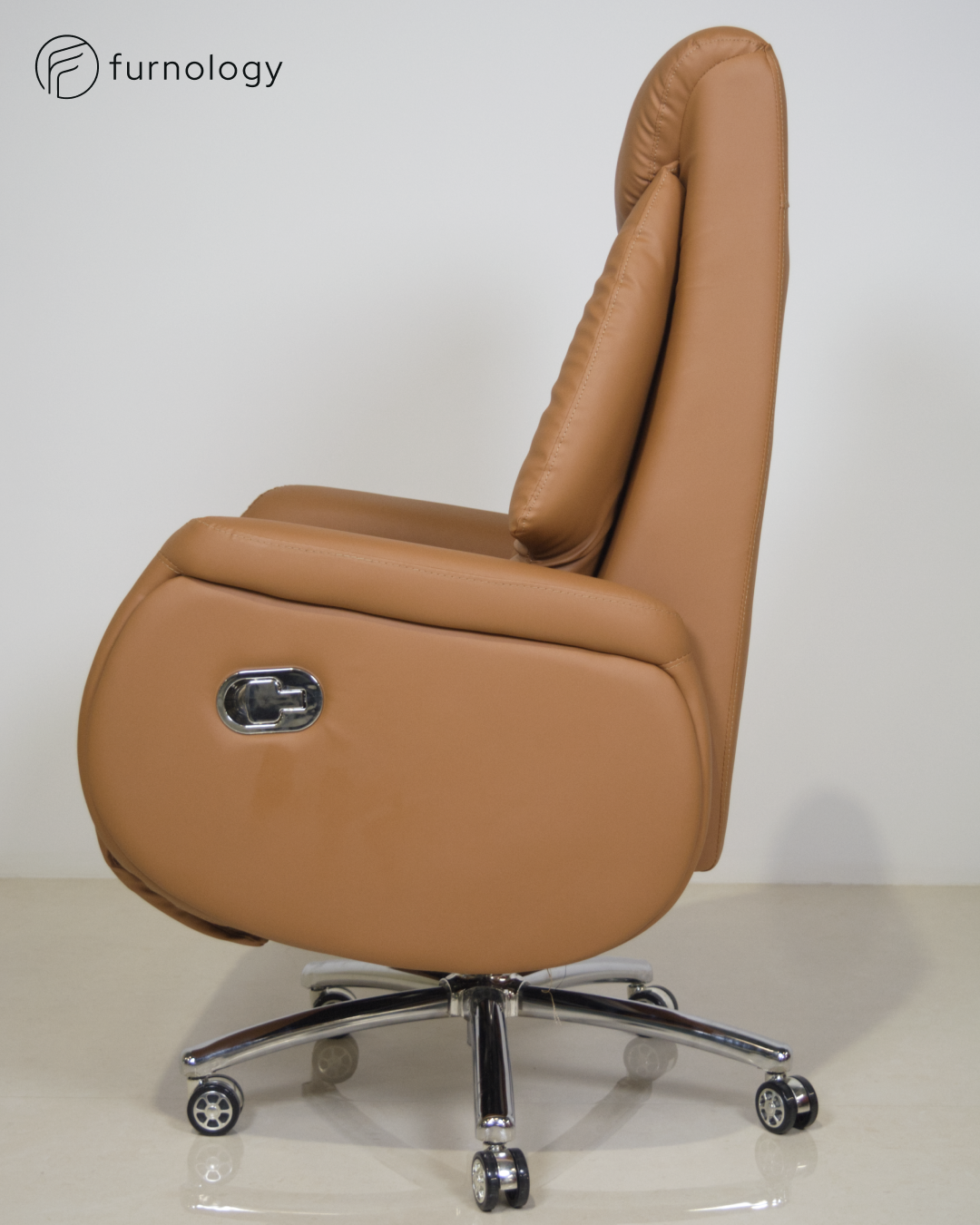 Furnology ergonomic recliner chair for office in brown leatherette with adjustable reclining and chrome base wheels
