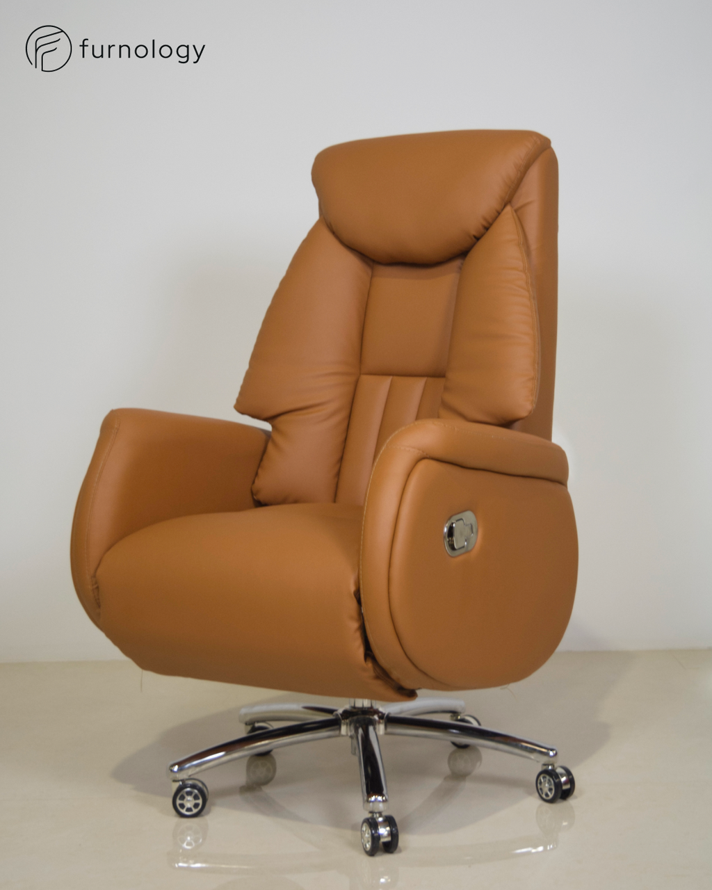 Furnology ergonomic recliner chair for office in brown leatherette with chrome base and wheels