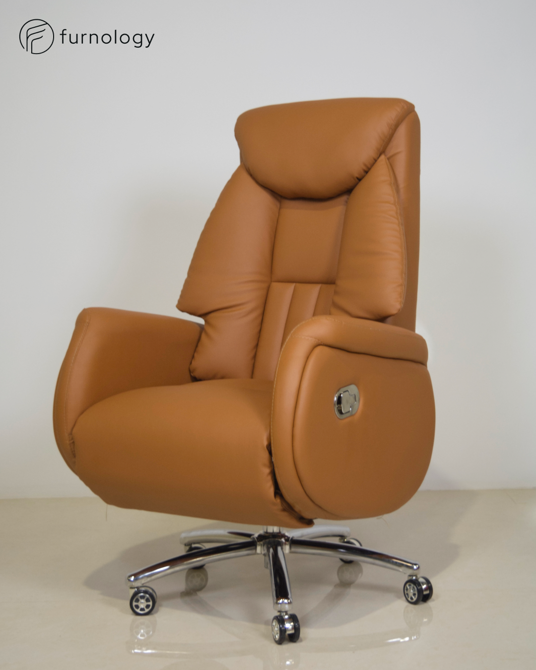 Furnology ergonomic recliner chair for office in brown leatherette with chrome base and wheels