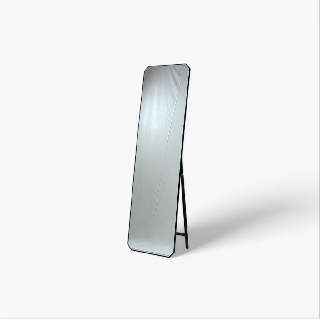 Furnology sleek black framed floor mirror for bedroom with stand on white background