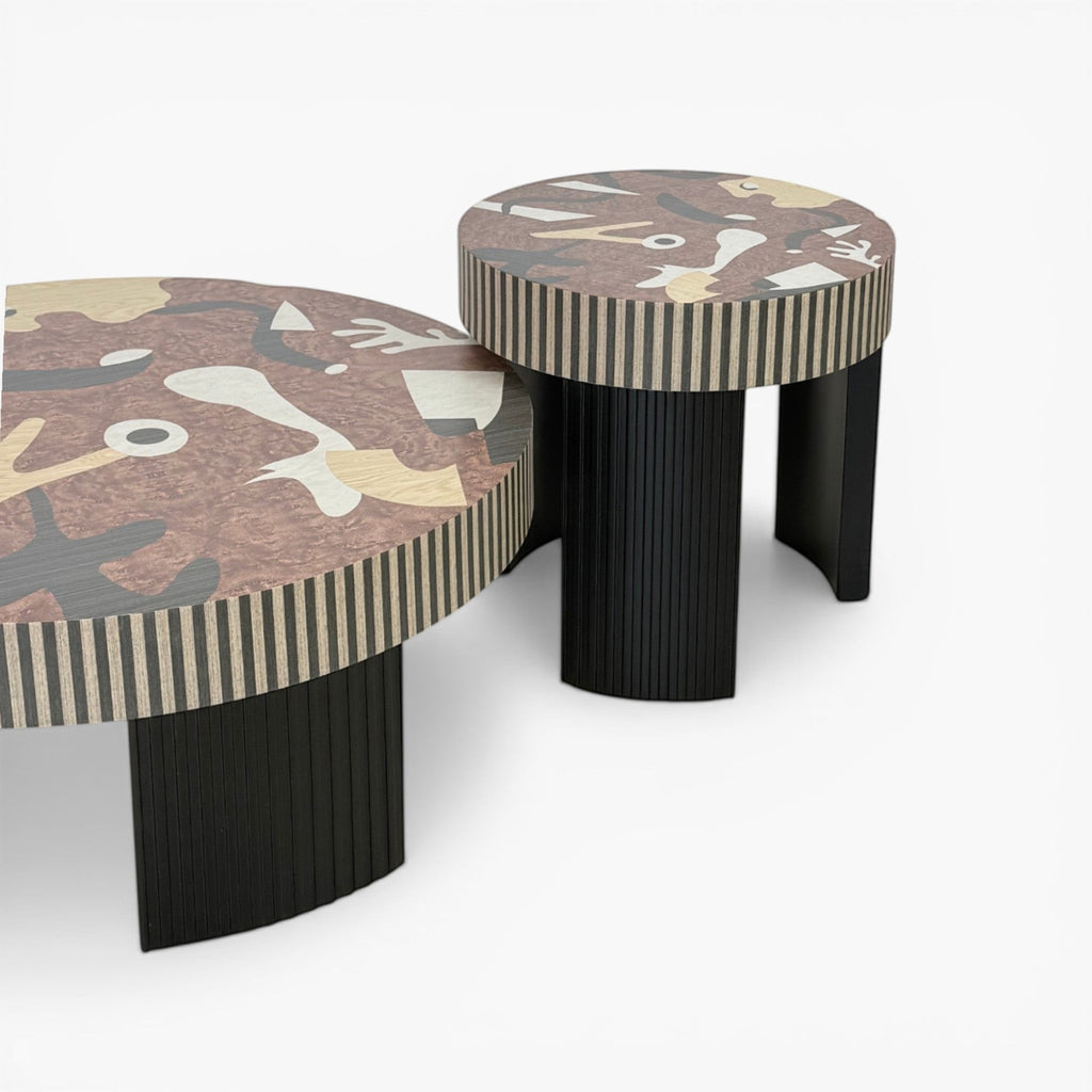 Furnology Donna Nested Coffee Table with abstract printed top and black fluted legs, perfect for eclectic interiors.