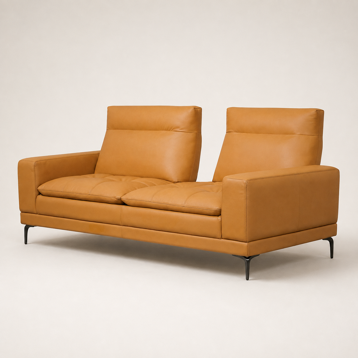 Furnology Mayfair caramel body touch leather sofa with track arms and black tapered metal legs