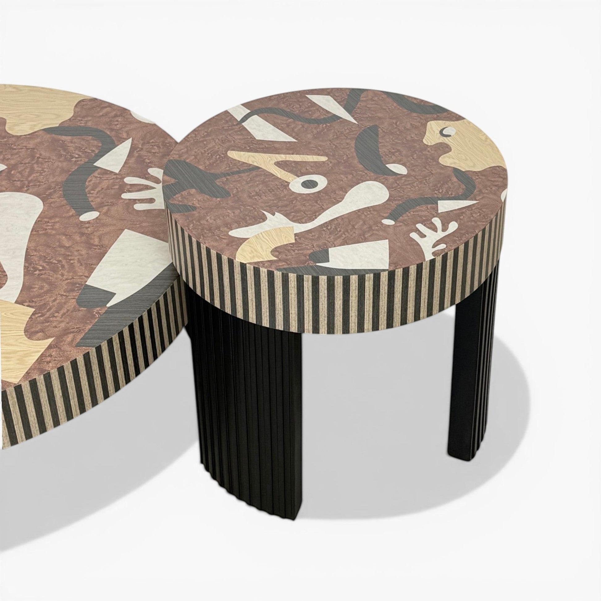 Furnology Donna Nested Coffee Table with abstract printed top and black fluted legs. Contemporary design.