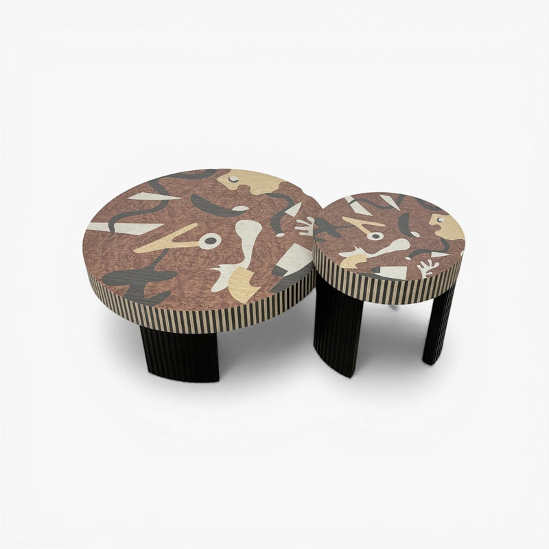 Furnology Donna Nested Coffee Table with abstract printed tops and black fluted legs, perfect for eclectic living rooms.