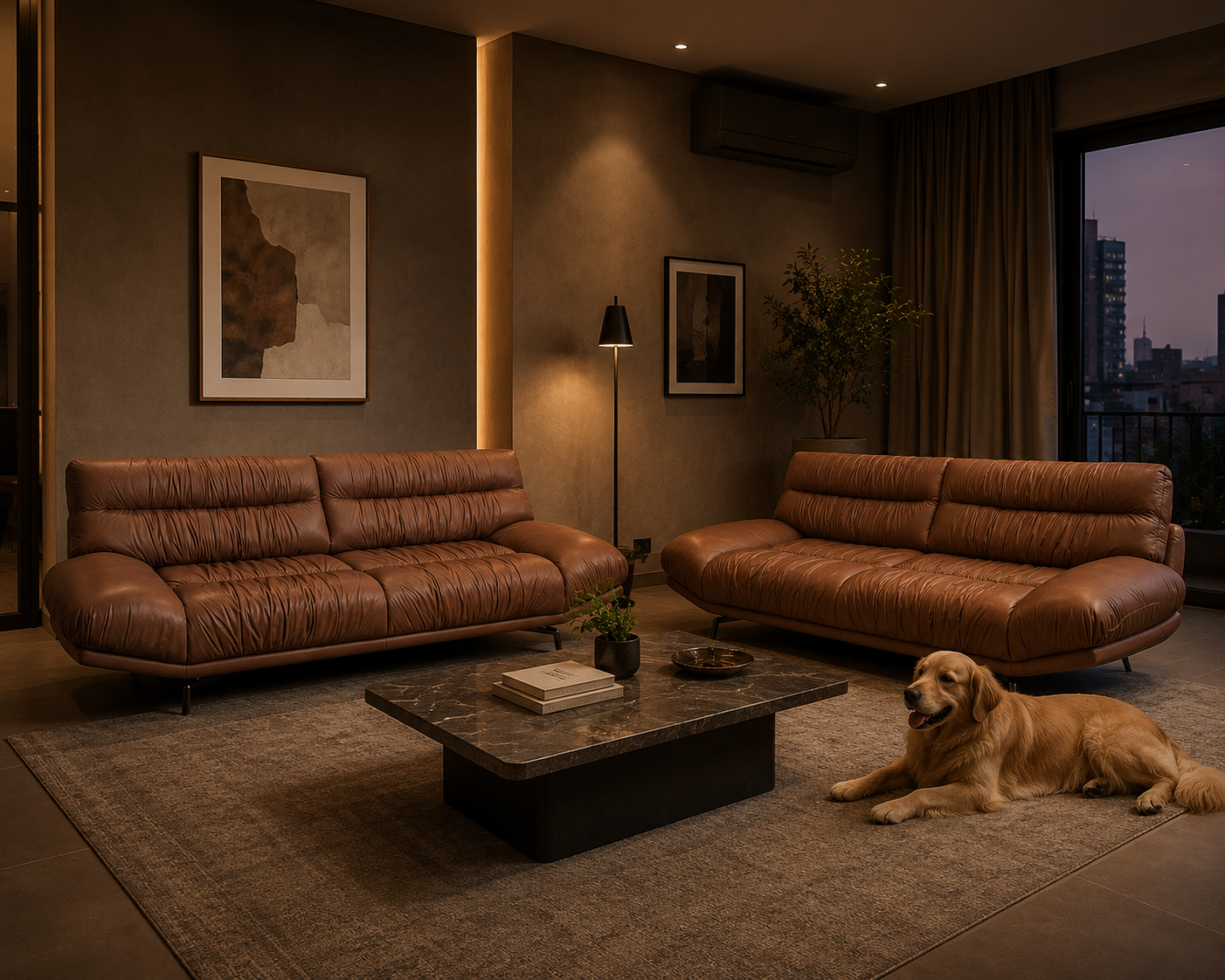 Nimbus cognac leather sofa set in a living room at dusk