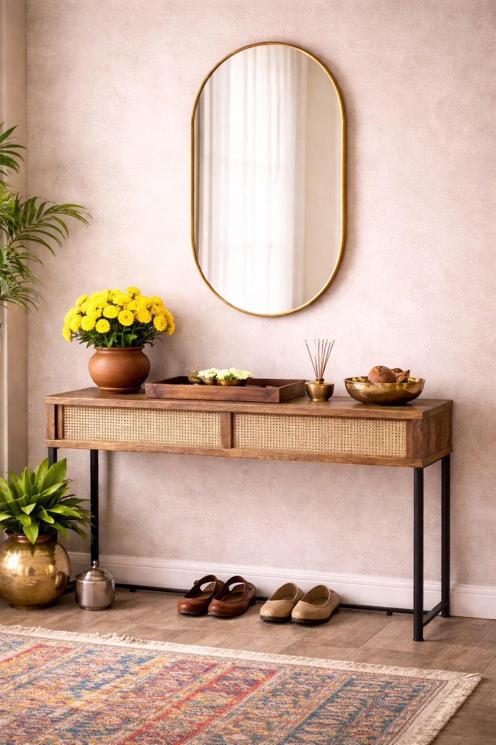 Furnology Lore oval wall mirror with gold frame, hung above a wooden console table with cane detailing.