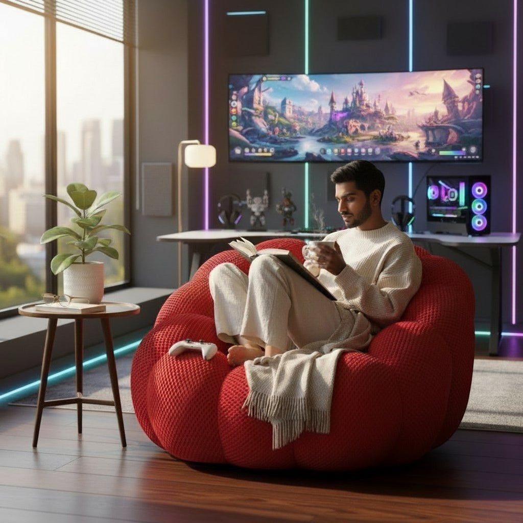 Furnology red bubble single seater sofa with boneless structure, a man reads a book while sitting on it.