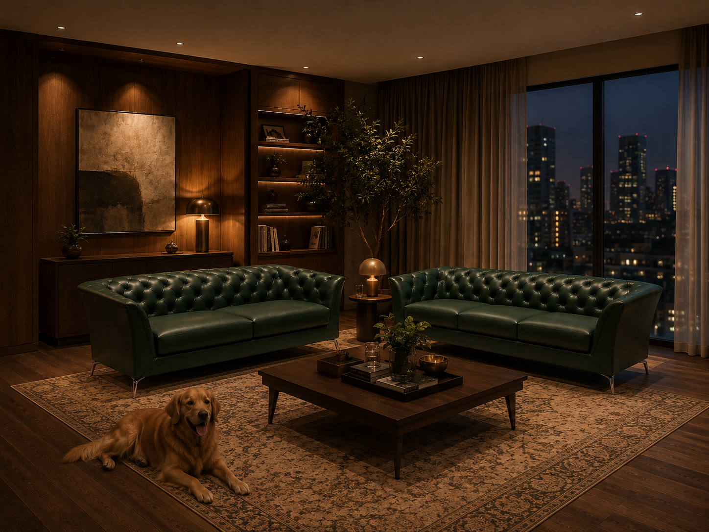 Regent leather sofa set in a wood-panelled living room at night