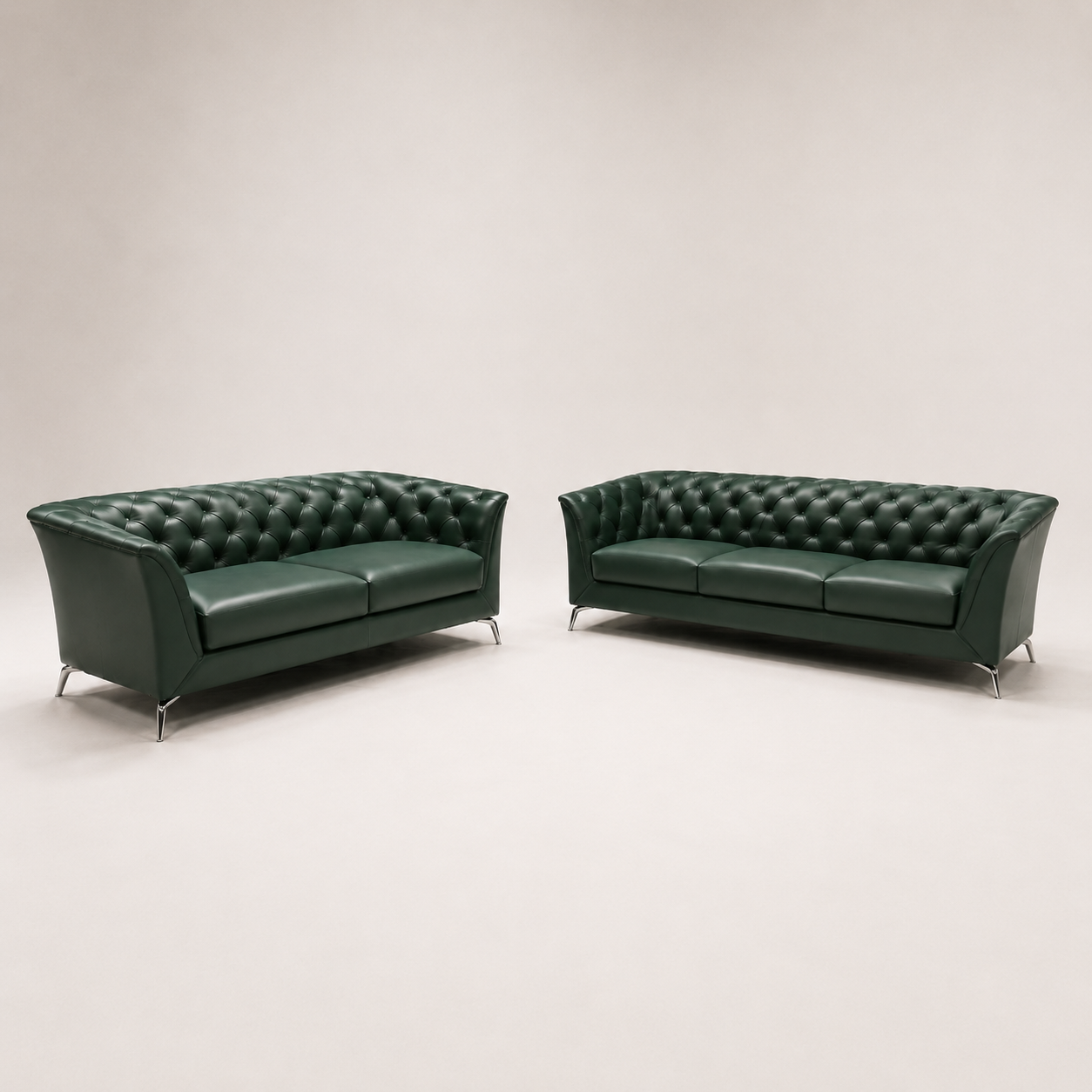 Regent leather sofa set in forest green, two-seater and three-seater, studio