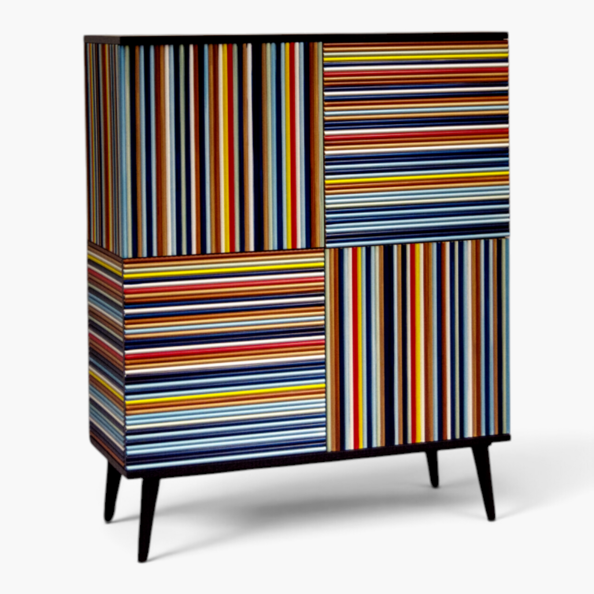 Furnology Roman Stripe Sideboard featuring hand-painted multi-colored vertical and horizontal ashwood veneer panels.