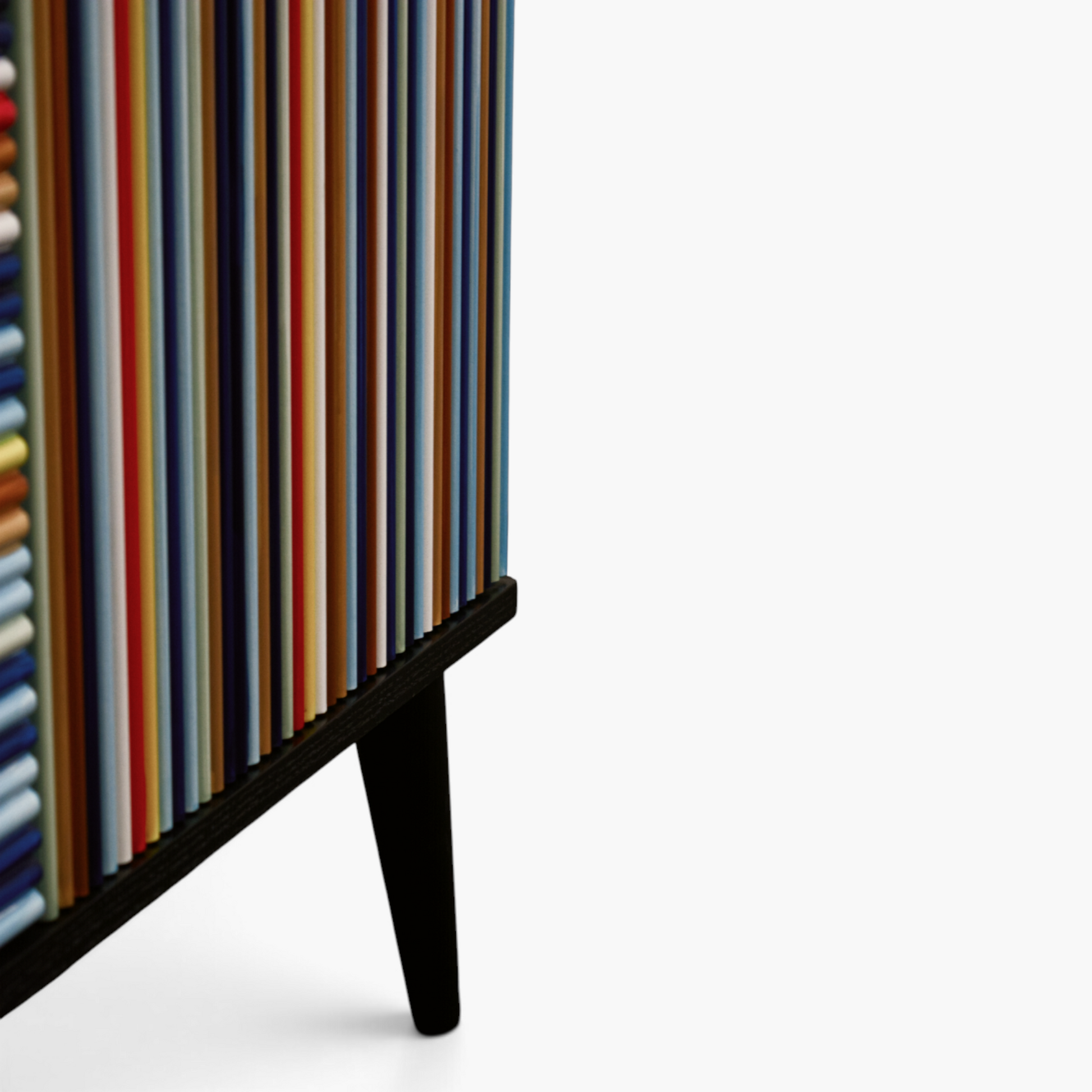 Furnology Roman Stripe sideboard featuring hand-painted vertical multi-colored slats on a dark ashwood frame