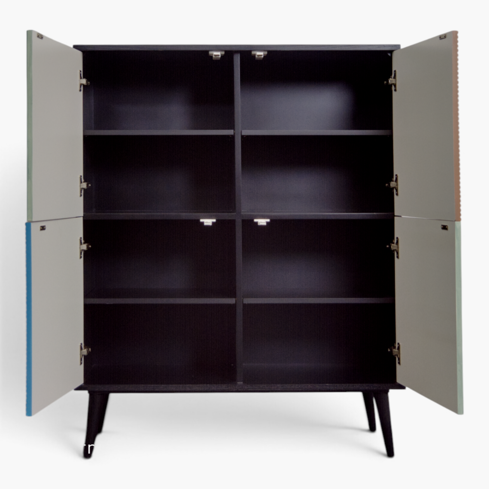 Furnology Roman Stripe sideboard in ashwood veneer with open doors revealing black interior shelving