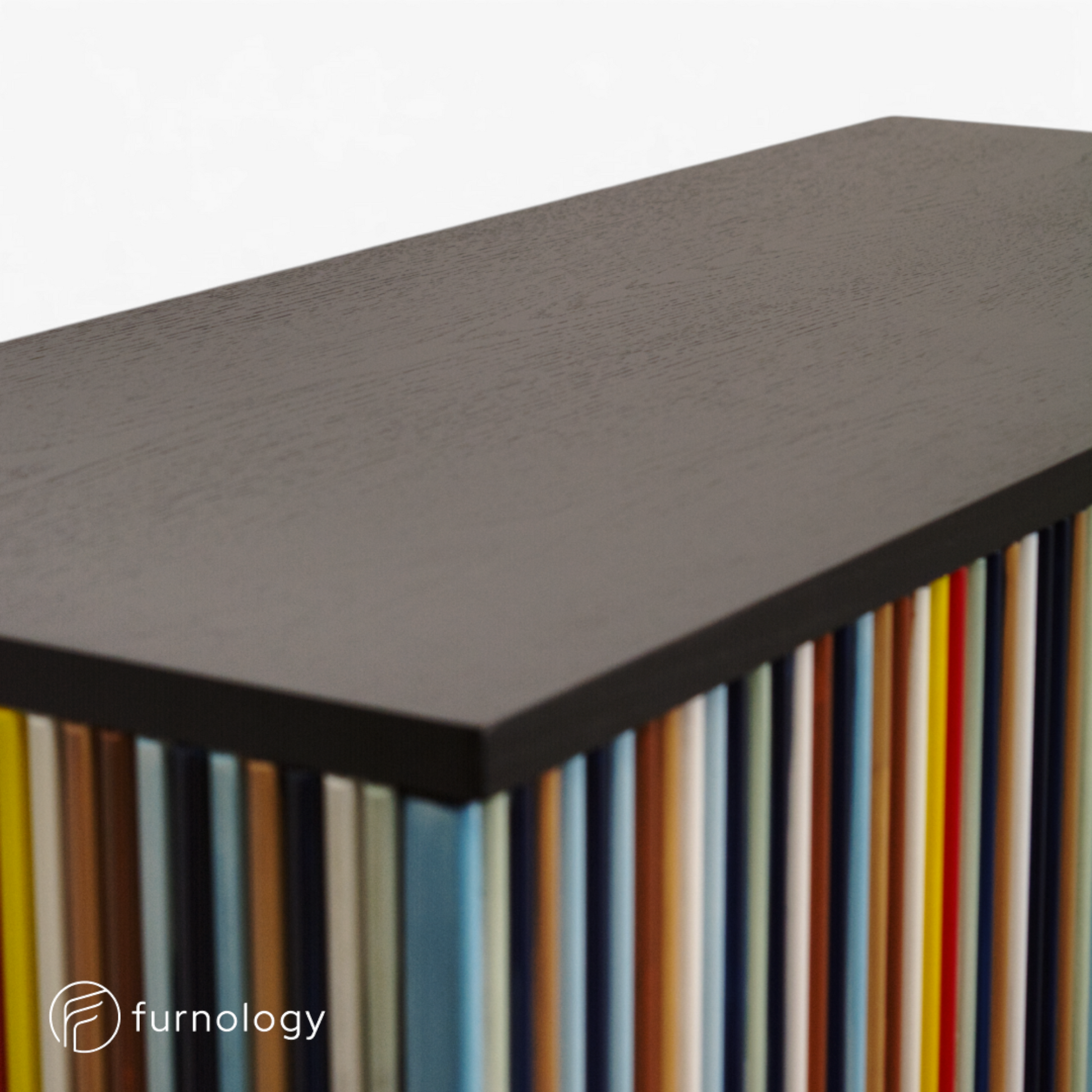 Furnology Roman Stripe Sideboard featuring a dark ashwood veneer top and vibrant hand-painted vertical shutter slats.