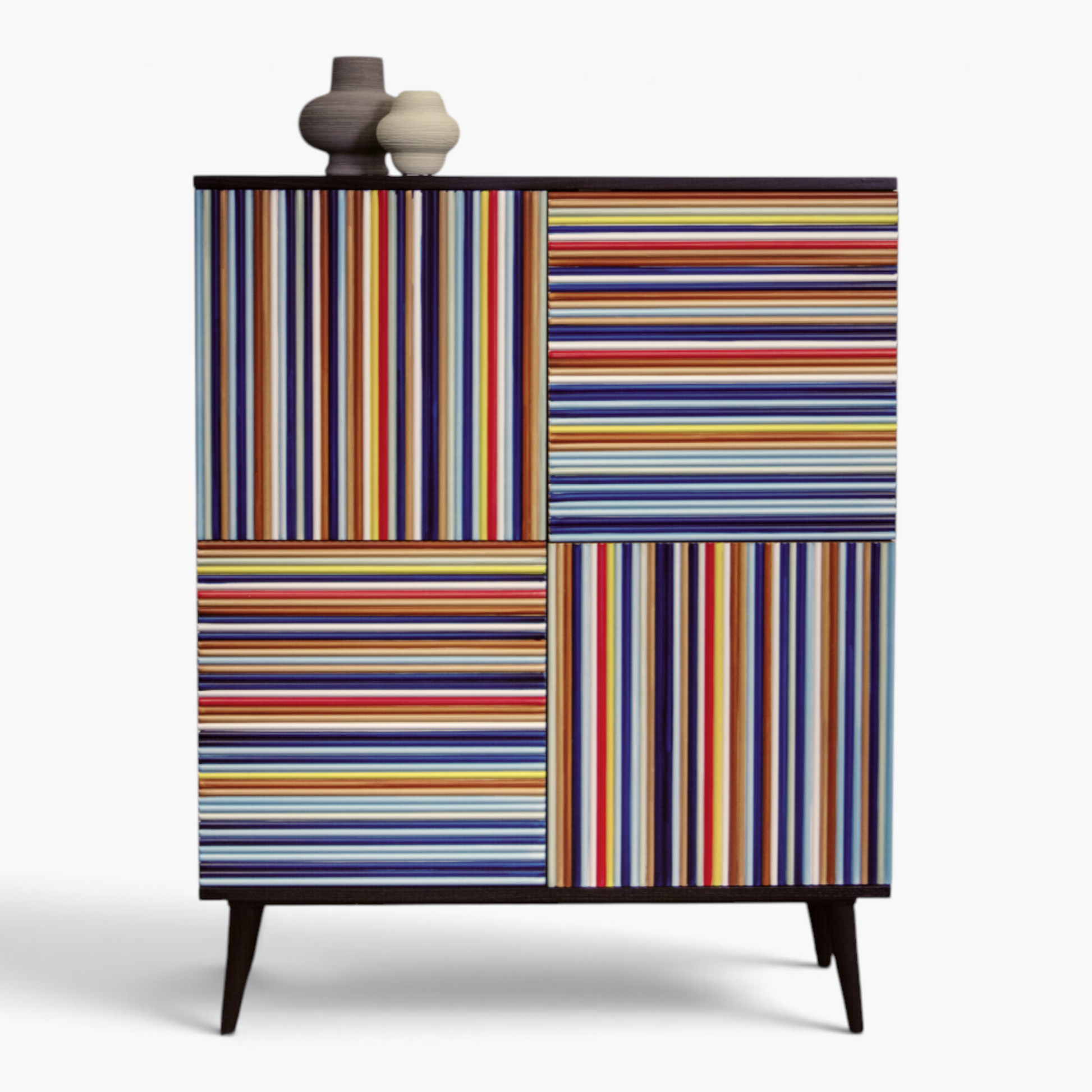 Furnology Roman Stripe Sideboard in ashwood veneer with hand-painted multi-colored vertical and horizontal stripes.