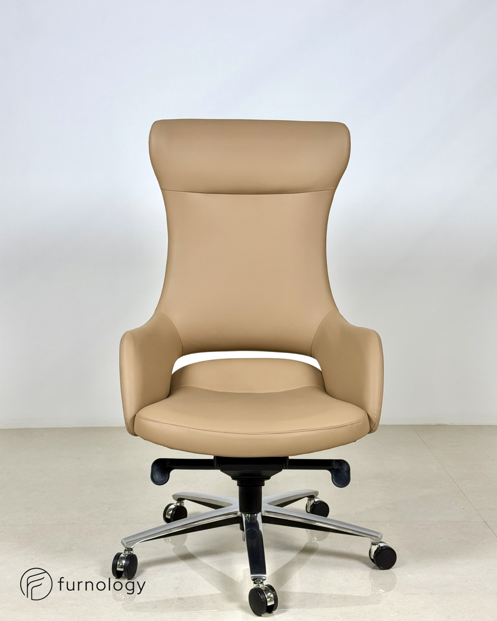 Furnology luxury leatherette boss chair in beige with high back and chrome base for office use