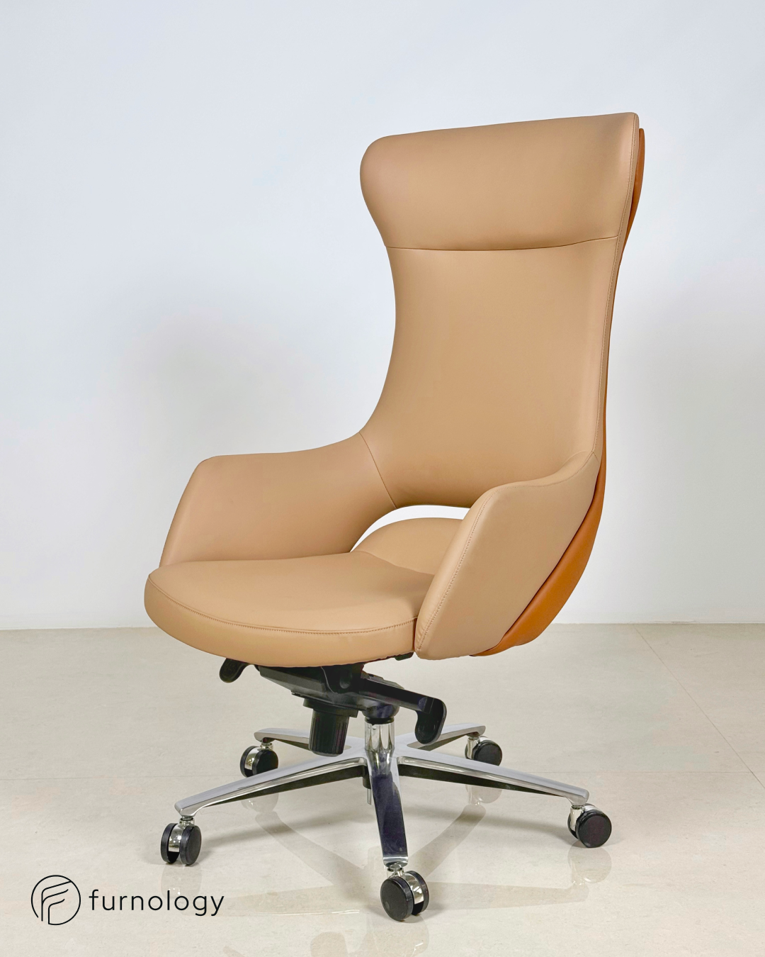 Furnology luxury leatherette boss chair in beige with ergonomic high back and chrome base
