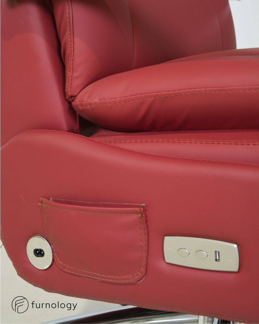 Furnology reclining executive office chair in red leatherette with control buttons and USB port