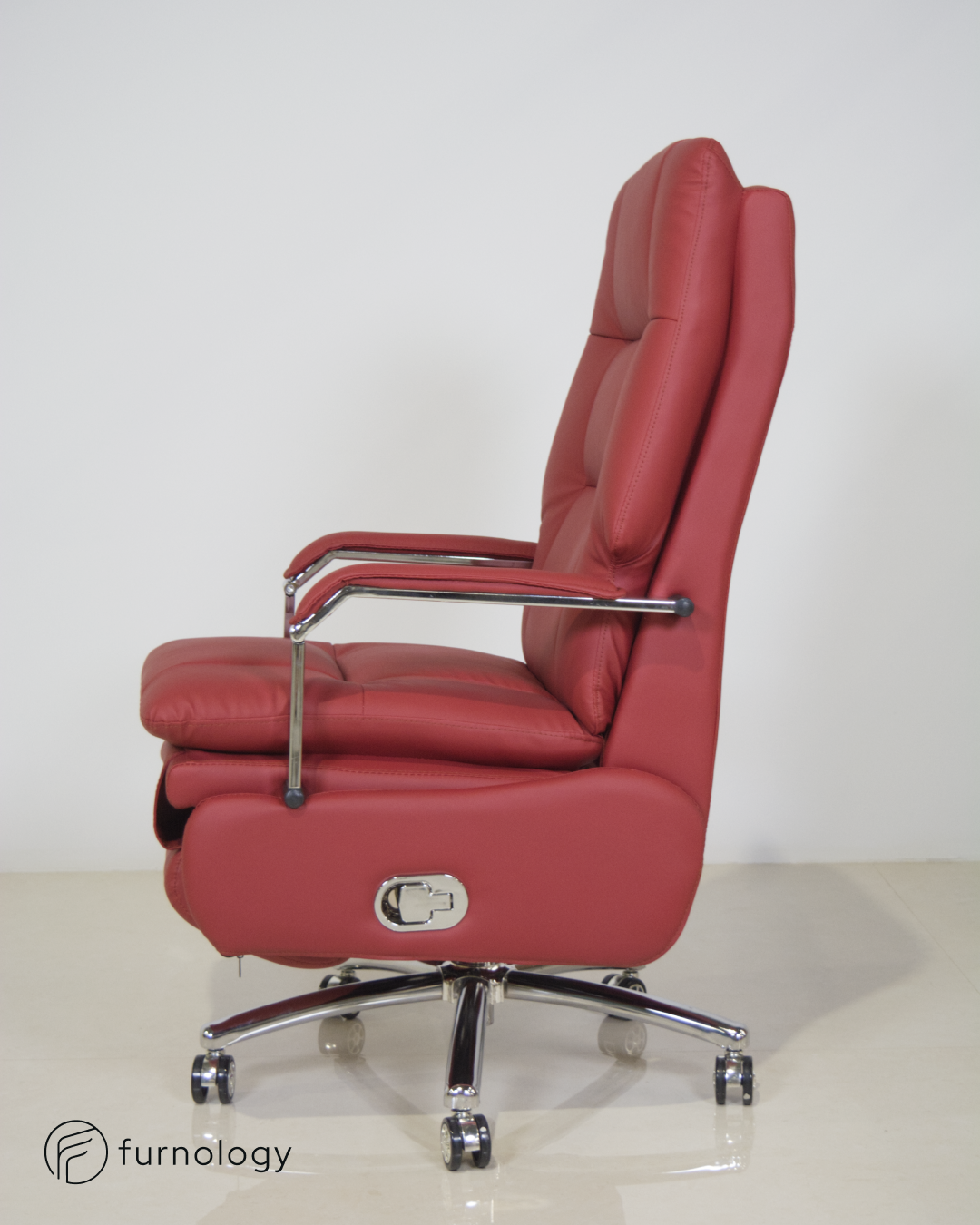 Furnology reclining executive office chair in red leatherette with chrome armrests and caster wheels