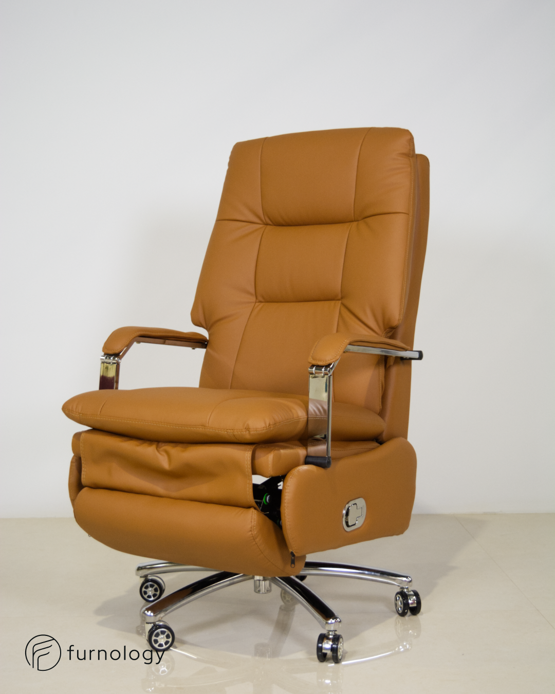 Furnology reclining executive office chair in brown leatherette with padded armrests and chrome base