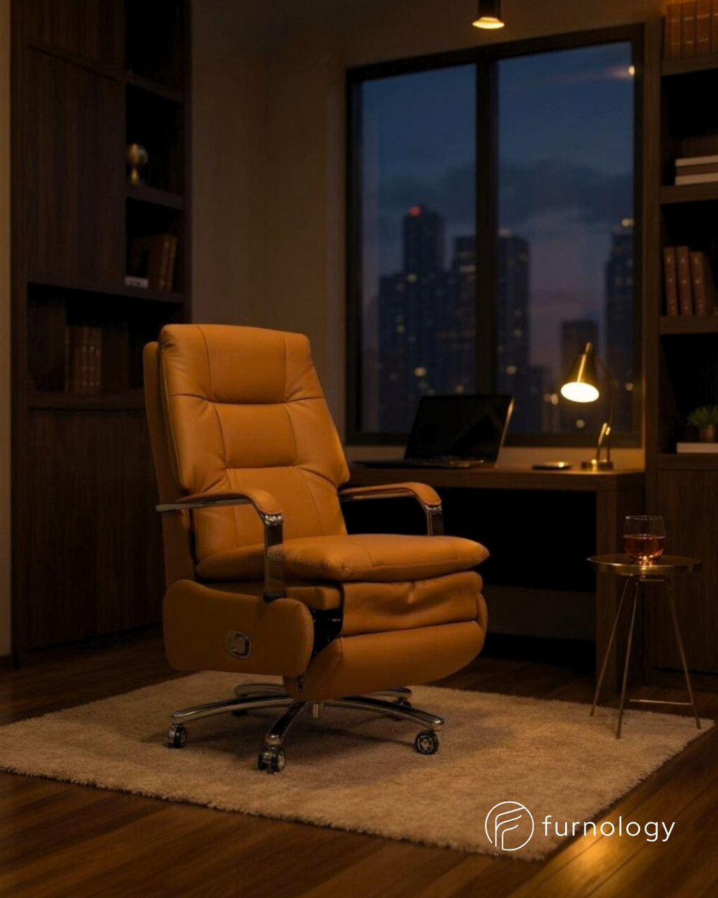Furnology reclining executive office chair in tan leatherette with padded armrests in a modern office setting