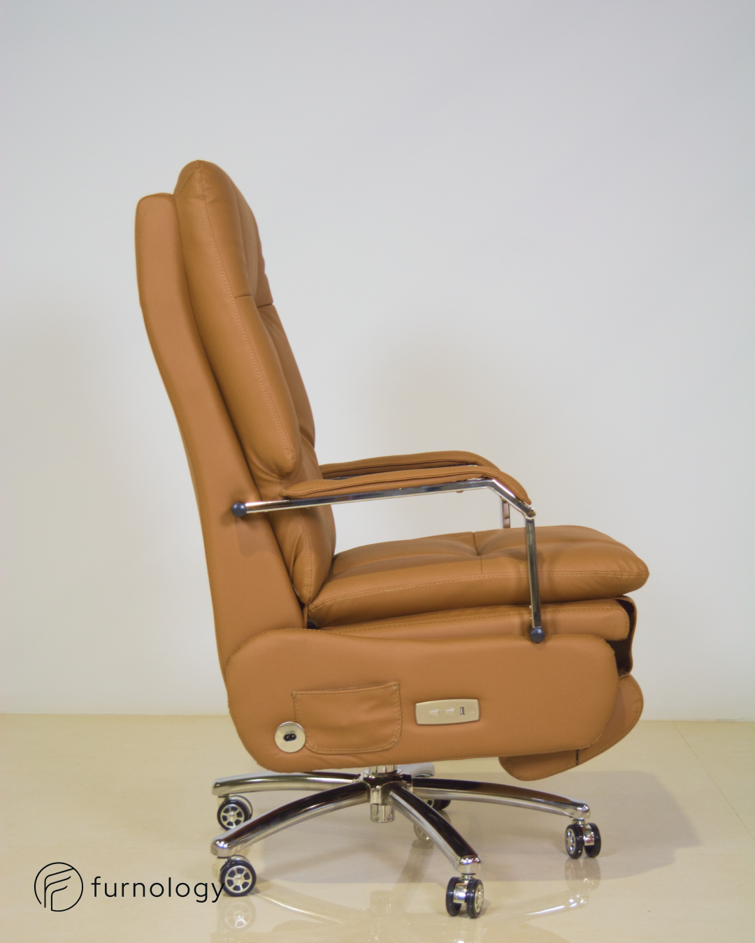 Furnology reclining executive office chair in brown leatherette with padded armrests and chrome base with wheels