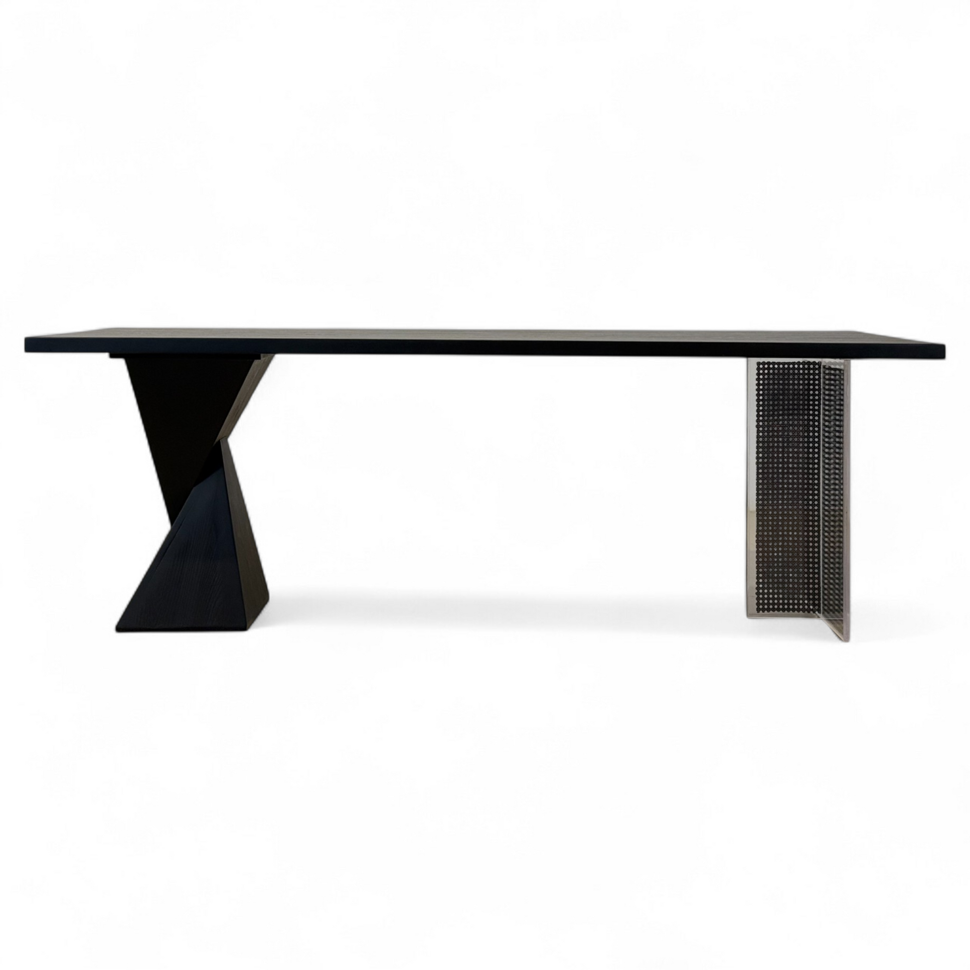 Unique six person dining table by Furnology with modern geometric black and metal legs