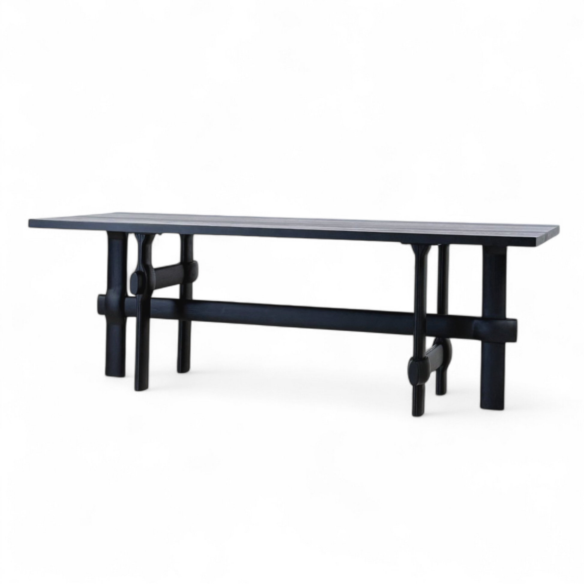 Furnology large rectangular dining table with black wooden top and sturdy artistic legs