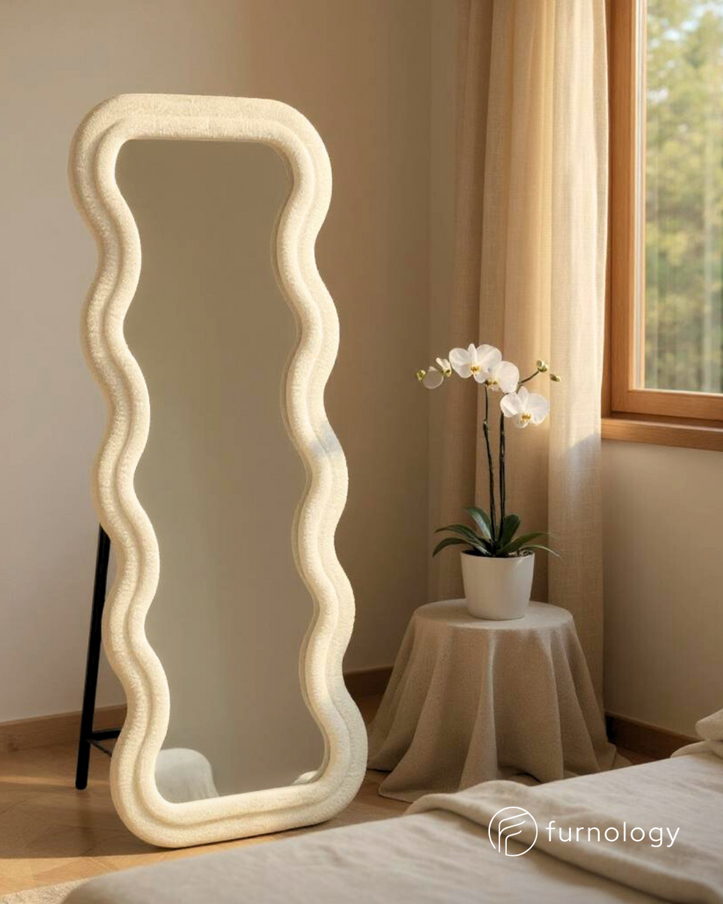 Furnology wavy frame standing mirror with beige textured frame in cozy bedroom setting